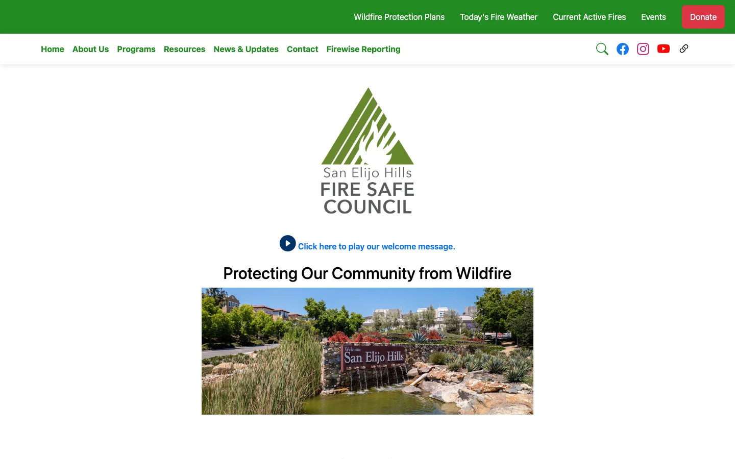 The old San Elijo Hills Fire Safe Council website, a thin single-column info page